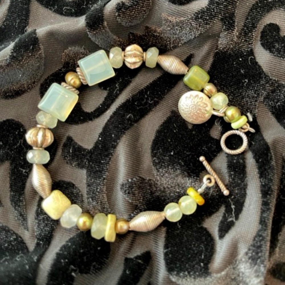 Pale Green Chalcedony, Iolite, Serpentine & Turquoise Bracelet